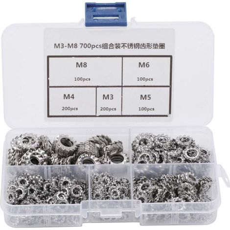 Kit de 700 rondelles crantées extérieures en acier inoxydable 304, tailles M3 à M8 (1/5)