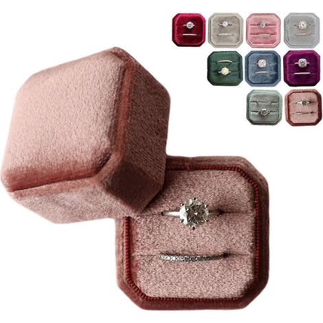 Boîte à bagues en velours à double fente, d'inspiration vintage - Boîte à bagues carrée - Parfaite pour les fiançailles, la séance photo de mariage ou comme cadeau de mariée (Cinnamon Ros) (1/4)