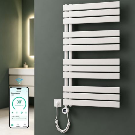 Mai & Mai Sèche-serviettes Électrique 104x60cm Blanc avec Résistance Chauffante 600 W Contrôle à Distance Chauffage Central Radiateur pour Salle de Bain