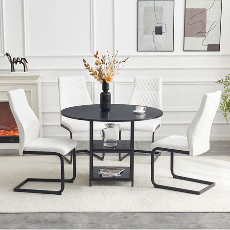 Conjunto de mesa y 4 sillas de comedor (107x107x75 cm), 2 estantes, MDF y metal, PU blanco y negro (1/5)