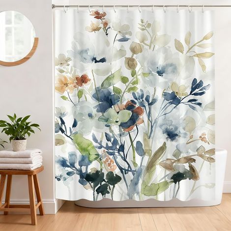 Rideau de Douche Anti Moisissure 180 x 180 cm Rideau Douche Motif Fleurs et Feuilles Style de Peinture à l'aquarelle Tissu Polyester Imperméable Lavable Rideau Baignoire avec 12 Crochets (1/5)