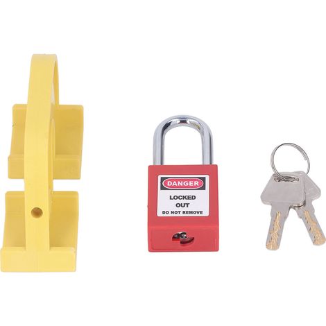 Dispositif de verrouillage de disjoncteur avec cadenas de sécurité de 38 mm et 2 clés. Résistant à l'usure et aux variations de température. (1/5)