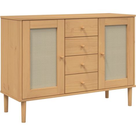 Credenza buffet cassettiera mobile contenitore organizer cucina soggiorno soggiorno effetto rattan 112 x 40 x 80 cm legno di pino massiccio marrone 020036230