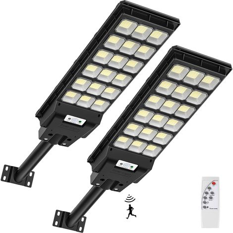 Lot de 2 lampadaires solaires à LED avec télécommande - 600 W 6500 K - Avec détecteur de mouvement - Du crépuscule à l'aube - IP65 - Étanche - Pour rue, garage