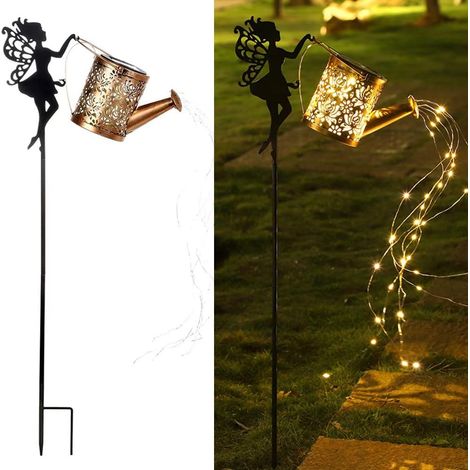 Énergie solaire fée bouilloire d'eau lumière, jardin décoratif en fer forgé Retro mignon Elf lumière au sol, sans fil crépuscule à l'aube lampe LED imperméable. (1/5)
