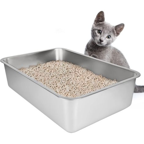 1 Bac à litière, Acier inoxydable, Grand format 50x35x20cm, Bords hauts, Base antidérapante, Chat Lapin (1/5)