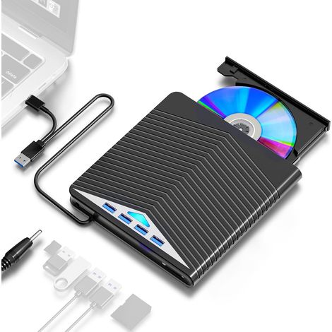 Lecteur CD DVD Externe 7 en 1, USB 3.0 Type-C, Graveur, Lecteur SD/Micro SD, Hub USB 4 Ports (1/5)