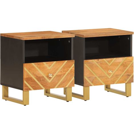 Set di 2 Comodini Armadio da Notte Mobiletto da notte Marrone e Nero in Legno Massello di Mango (1/5)