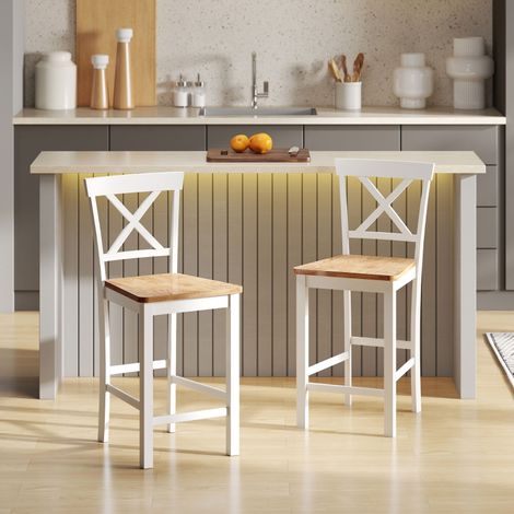 Lot de 2 tabourets de bar hauts avec dossier, repose-pieds, bois d'hévéa, blanc et chêne, pour cuisine, salon ou bar
