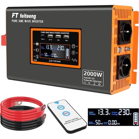2000W/4000W Convertisseur 12V 220V Pur Sinus Onduleur,transformateur 12v 220v avec 2 Prises CA, Port USB, Télécommande, écran LCD, pour Les Systèmes Solaires, Voiture, Camping,Voyage Caravane (1/5)