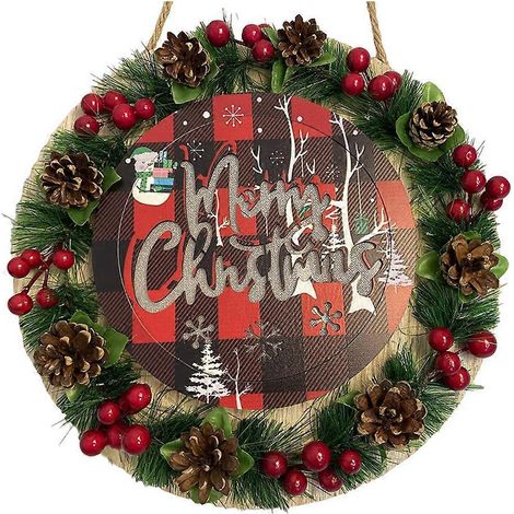Couronne de Noël lumineuse à LED avec enseigne en bois à suspendre pour décorations de fêtes (1/4)
