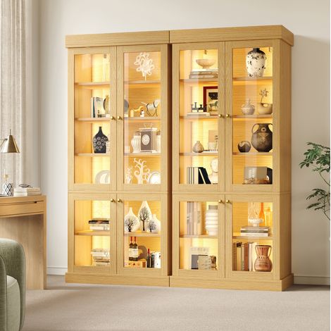 Vitrinen-Aufbewahrungsmöbel mit LED, Glastüren, Kippschutz, Naturholz HAVRYA (1/5)