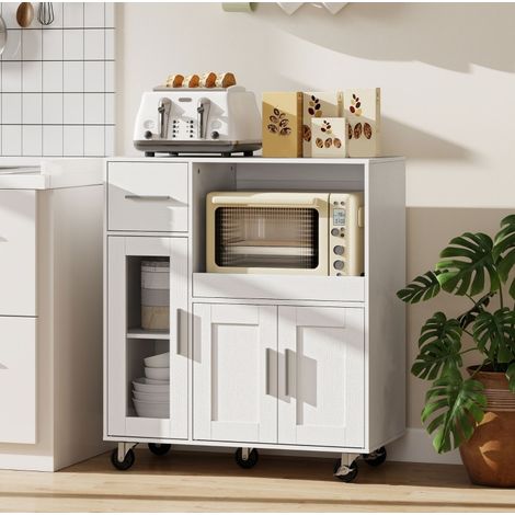 Meuble de cuisine 80/40/88,7 cm blanc avec roulettes, étagère réglable et tablette coulissante (1/5)
