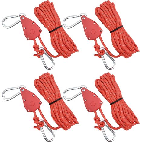 Cordes de tente réfléchissantes, cordes à cliquet réglables pour camping, parasols, auvents, lot de 4, 4 mm x 4 m, rouge