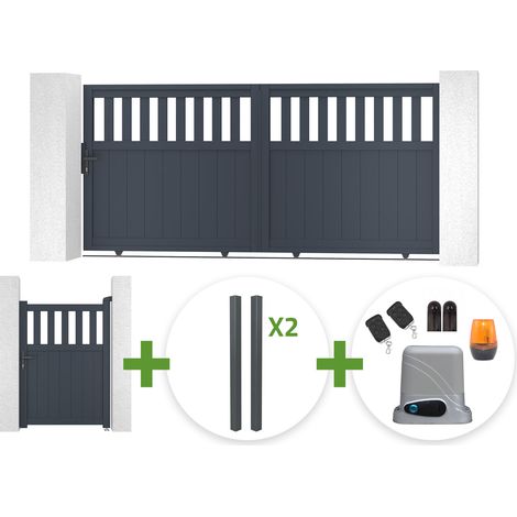 Portail coulissant 3m SANTIS H.140cm aluminium gris + 4 poteaux ELDA + Portillon 1m SANTIS H.140cm aluminium gris + motorisation Tanker C600 (1/5)