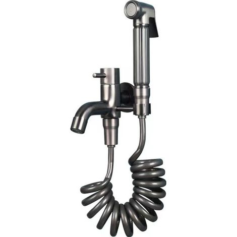 Robinet de baignoire avec douchette, support et tuyau de douche, salle de bain gris métallisé - mitigeur mural en laiton (1/5)