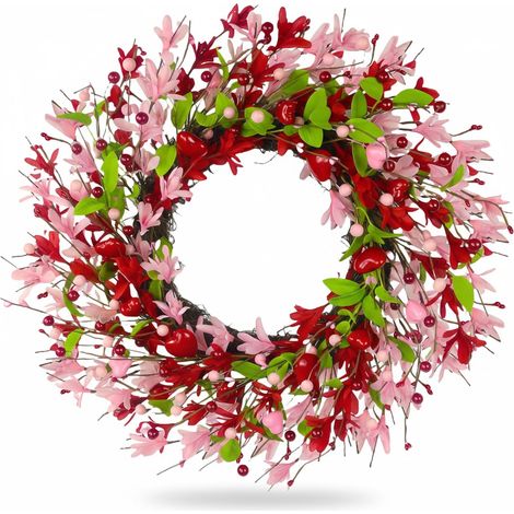 Guirlande De Porte - Guirlande En Forme De Cœur - Fleurs De Forsythia Rose - Feuillage Vert - 50 Cm - Pour Décoration Intérieure Et Extérieure (1/5)