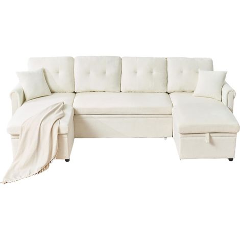 Sofá cama esquinero en U con almacenaje, chenilla beige, 266 x 130 x 85 cm, HOMVRA (1/5)