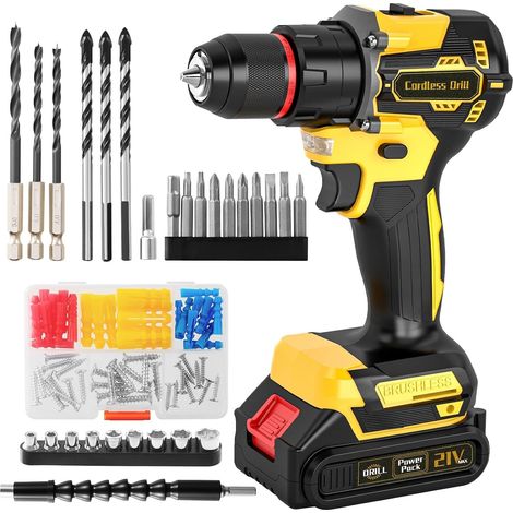 Brushless Cordless Drill 21 V, Impact Drill 44.25 ft·lbs, 2.0 Ah Battery, 10 mm Metal Chuck, 2 Speeds 25+3 Couples, Screwdriver Driver with 87 DIY Accessories (Yellow) (1/5)
