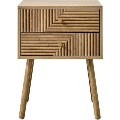 Calicosy – Chevet 2 tiroirs en MDF décor bois – Façades lamellées – Boutons or mat – Dimensions 45x39x60 cm – 4 pieds en bois (1/5)