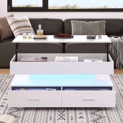 Tavolino da caffè 100x50x44 cm bianco in truciolato con piano sollevabile, LED Bluetooth e 2 cassetti (1/5)