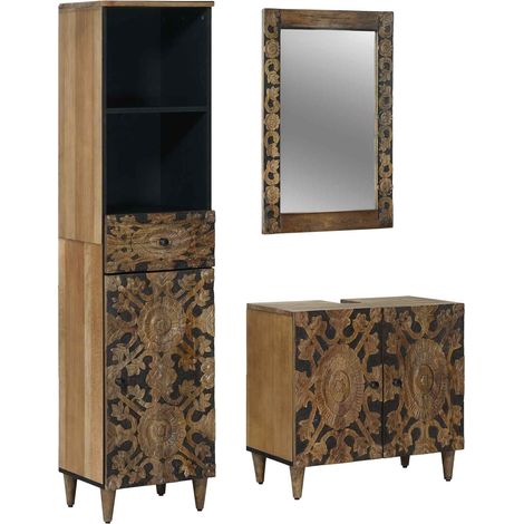 Bathroom Furniture Set with Drawer 3 pcs Brown Solid Mango Wood vidaXL (1/5)