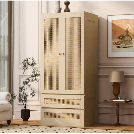Armadio 70 x 55 x 170 cm con 2 ante, 2 cassetti, effetto rattan, colore legno OKMYHOME (1/5)