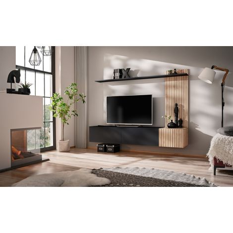 Ensemble meuble TV mural Solo - Bois MDF noir et chêne Hickory Jackson - 180 x 130 x 40 cm - Livraison gratuite (1/3)