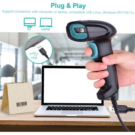 Lecteur de codes-barres 1D portable, filaire USB, lecture manuelle/automatique continue, compatible Linux et Windows, pour supermarchés, bibliothèques, logistique et restaurants. (1/3)