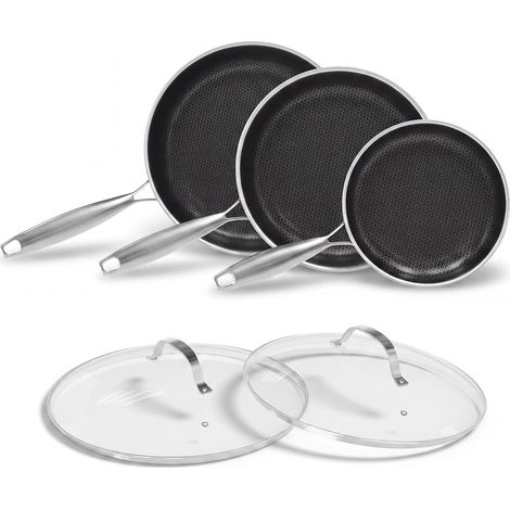 GARVEE Lot de 3 poêles 20‑25‑28 cm inox 3 plis antiadhésives, couvercle, poignée froide, sans PFOA, tous feux (1/5)