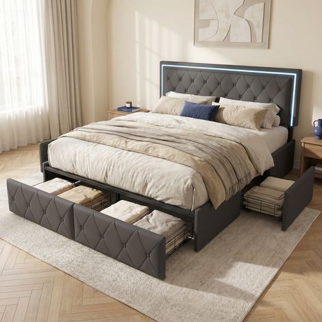 Lit adulte 140x200 avec sommier, 4 tiroirs, lit double avec Éclairage LED, lit capitonné avec tête de lit réglable, design scandinave(140x200cm, Gris) (1/5)