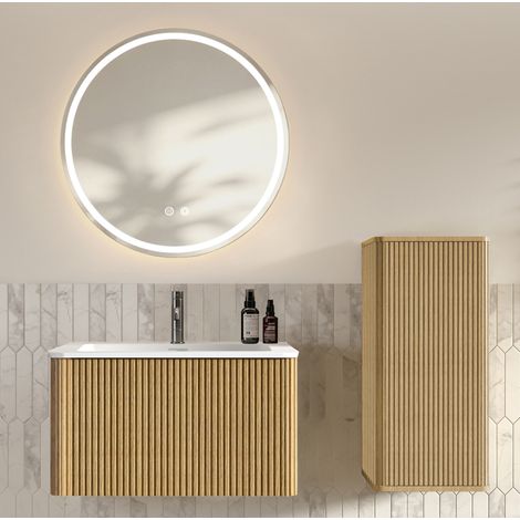 Badezimmermöbel-Set mit Waschbecken, rundem LED-Spiegel 80 cm, Eiche und Seitenschrank (1/5)