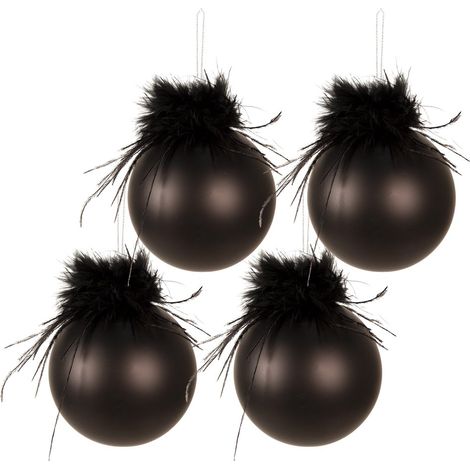 Lot de 4 Boules de Noël en Verre Noir Mat avec Plumes Décoration de Sapin Ø 10 cm - PANGIVO (1/2)