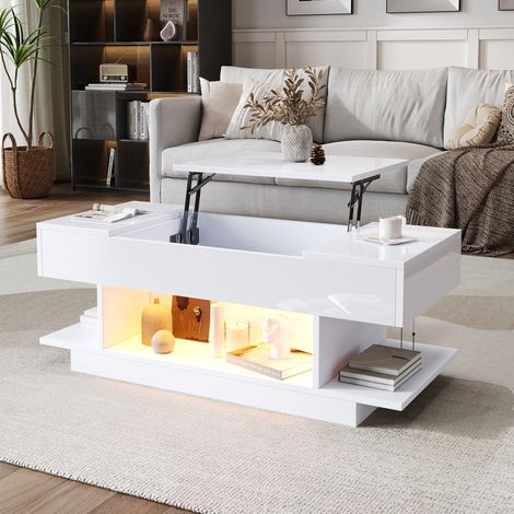 Mesa de centro elevable con LED 98x45x40 cm blanca, ajustable, almacenaje y app (1/5)