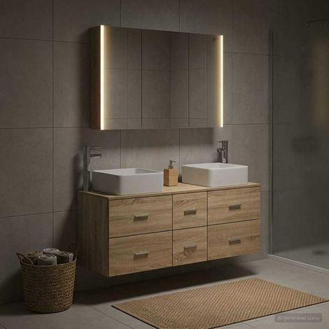 Ensemble meuble salle de bain 4 pièces chêne sonoma avec miroir LED, lavabo, robinet, rangement mural en bois d’ingénierie (1/5)
