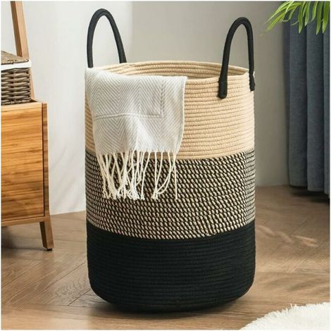 Cesto de ropa plegable de algodón negro, bolsa de gran capacidad para ropa sucia con asa.