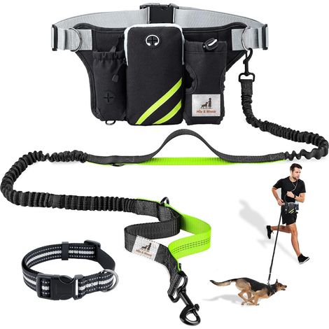 Mila & Winnie Hands Free Dog Leash with Zipper Pouch - Waist Belt with Multi Pockets Bag - Reflective Stitching Bungee with Running Waist Belt & Head Collar for Dogs Training, Jogging, Hiking, Green (1/5)