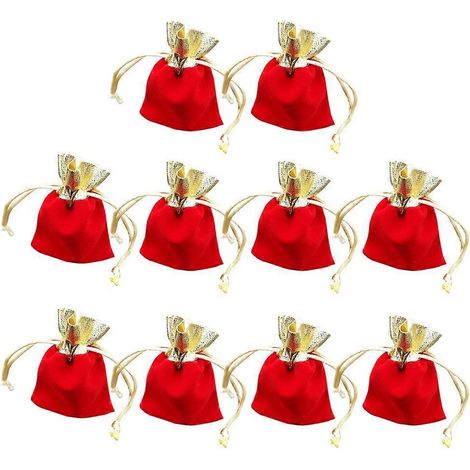 10 Stück Tragetaschen, Weihnachtstaschen, Schmuckbeutel, Gastgeschenktüten, Schmuckaufbewahrungsbeutel, Bonbonbeutel mit Kordelzug-Red Golden (1/3)