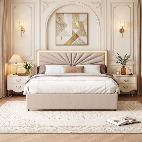 Lit 160x200 - Queen 160x200 - Tête de lit rembourrée LED - 4 tiroirs de rangement - Sommier à lattes, lin beige (1/5)