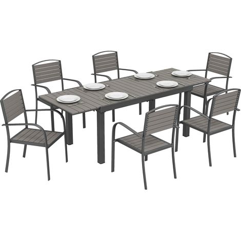 Set arredo giardino 7 pezzi – Tavolo estensibile e 6 sedie, effetto legno, design a doghe, struttura in alluminio