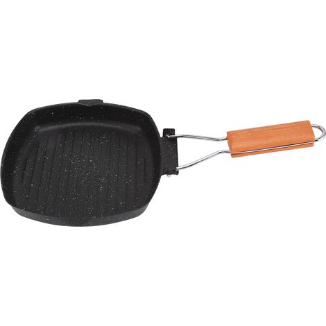 Poêle à frire pliante d'extérieur, usage domestique, manche en hêtre, revêtement antiadhésif à rayures, économie d'énergie, idéale pour les steaks et les grillades, 20 x 20 cm (1/5)