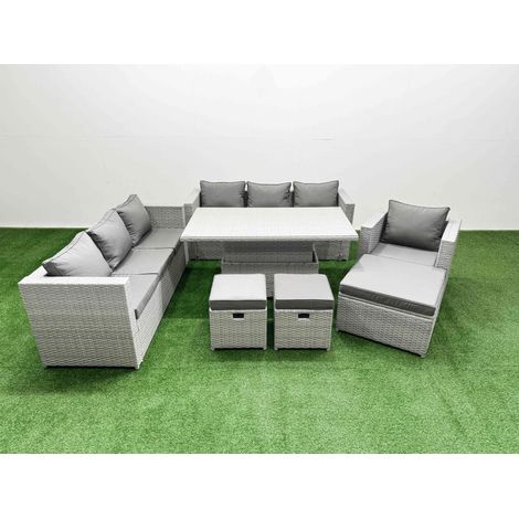 Fimous 6 PCs Rising Dining Table Set Rattan Furniture Set with 3 Seater Sofa Chair 3 Footstools Light Grey (1/5)