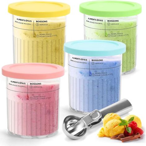 Bacs à Crème Glacée pour Ninja Creami, Lot de 4 Récipients à Crème Glacée avec Couvercles et Cuillères, Pot Glace Réutilisables Compatible avec Ninja Sorbetières Deluxe NC501 NC500 Series (1/5)