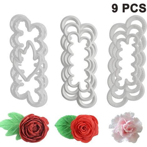 Emporte-pièces 3D en forme de pétales de roses, d'œillets et de pivoines (9 pièces) - Outil de décoration pour fondant et glaçage - Moule - Accessoires de pâtisserie DIY