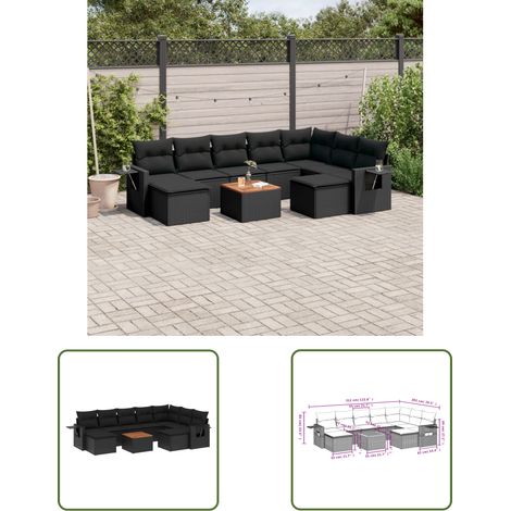 The Living Store 10-tlg. Garten-Sofagarnitur mit Kissen Schwarz Poly Rattan - Gartenmöbel Set - PE-Rattan Möbel - Outdoor Lounge - Esszimmergarnitur - Balkonmöbel (1/3)