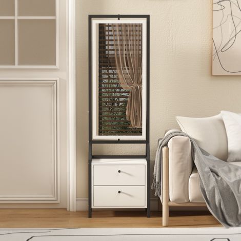 Armoire à bijoux pivotante 360° 50x35x165 cm, miroir pleine longueur, 2 tiroirs inférieurs et grand espace de rangement - Blanc (1/5)