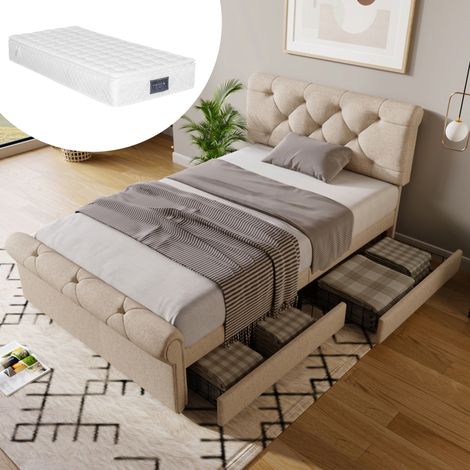 Cama tapizada de lino natural 90x200 cm con 2 cajones, cabecero ajustable y colchón incluido (1/5)