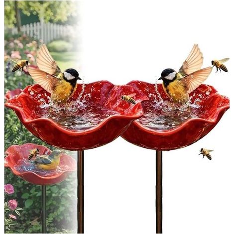 Lot de 2 abreuvoirs pour oiseaux – Bain d’oiseaux sur pied pour jardin – Mangeoire et abreuvoir extérieur – Décoration pour terrasse, pelouse et jardin (1/2)