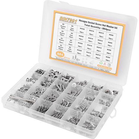 Assortiment de vis à tête fraisée hexagonale creuse M2, M3, M4 et M5 en acier inoxydable 304 avec écrous et rondelles. (1/5)