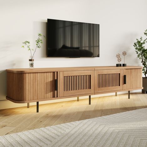 Modernluxe - Meuble TV d'angle arrondi 180x40x44,5 cm - 2 tiroirs en maille et 2 portes coulissantes - Éclairage LED - MDF - Naturel (1/5)